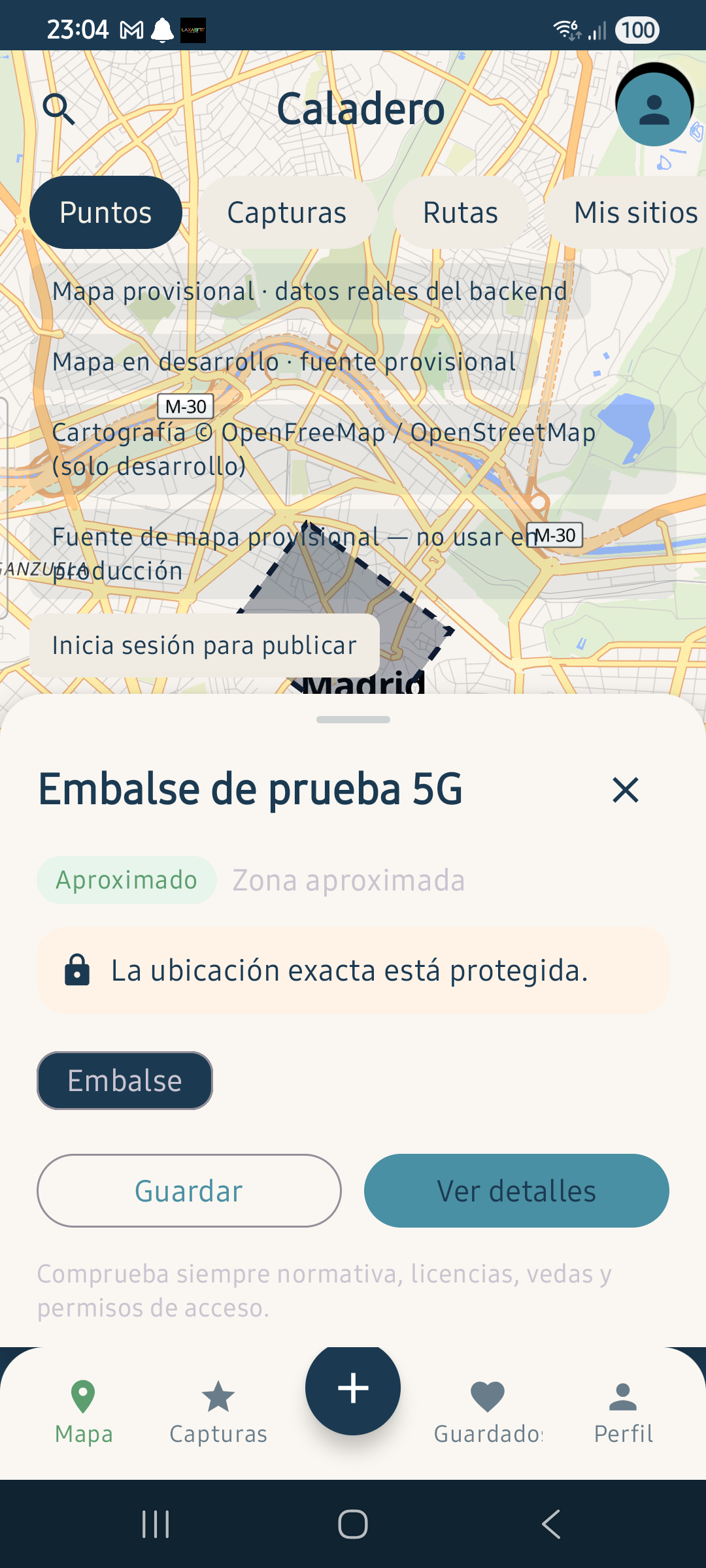 Pantalla de privacidad de la aplicación, donde se explica que los puntos y las rutas empiezan siendo privados.