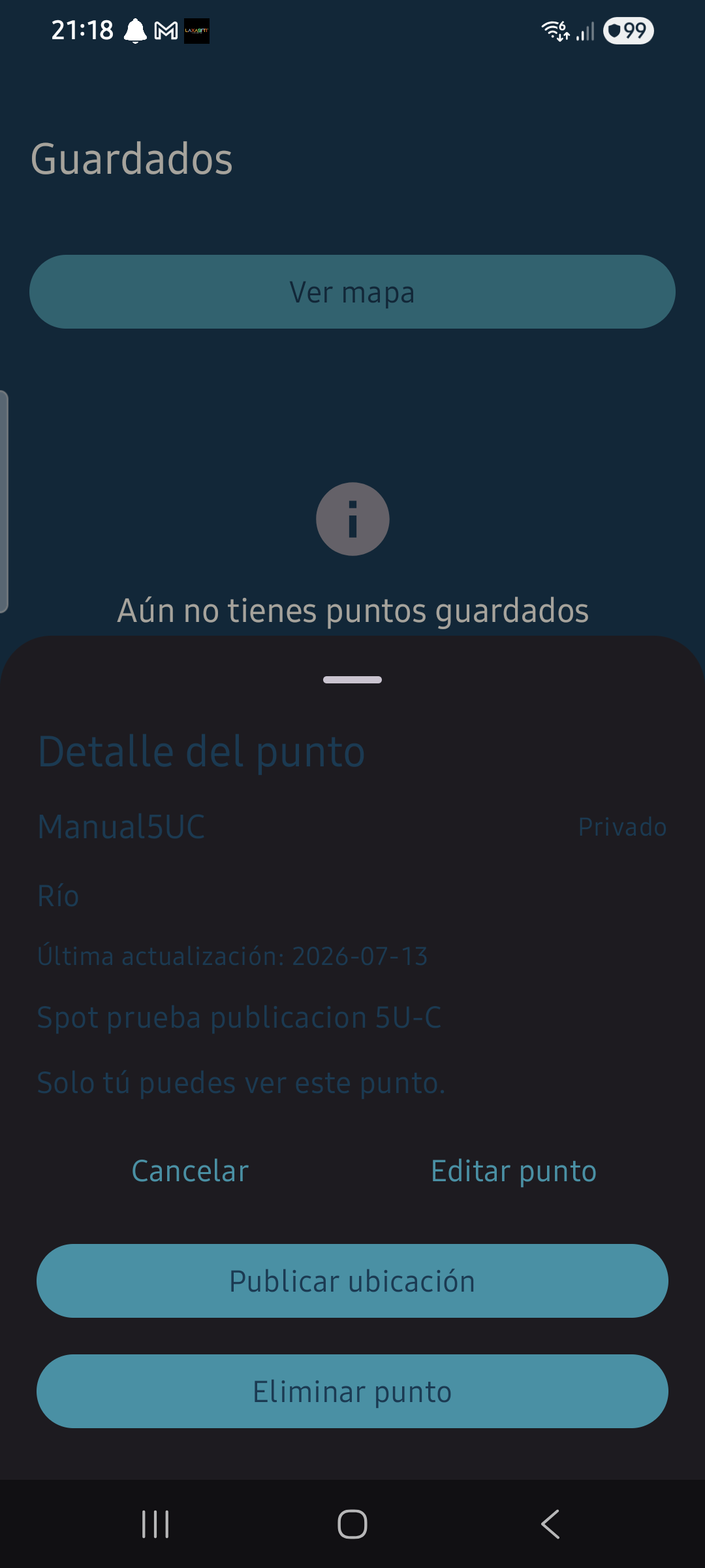 Zona aproximada de un lugar de pesca con el aviso de que la ubicación exacta está protegida.