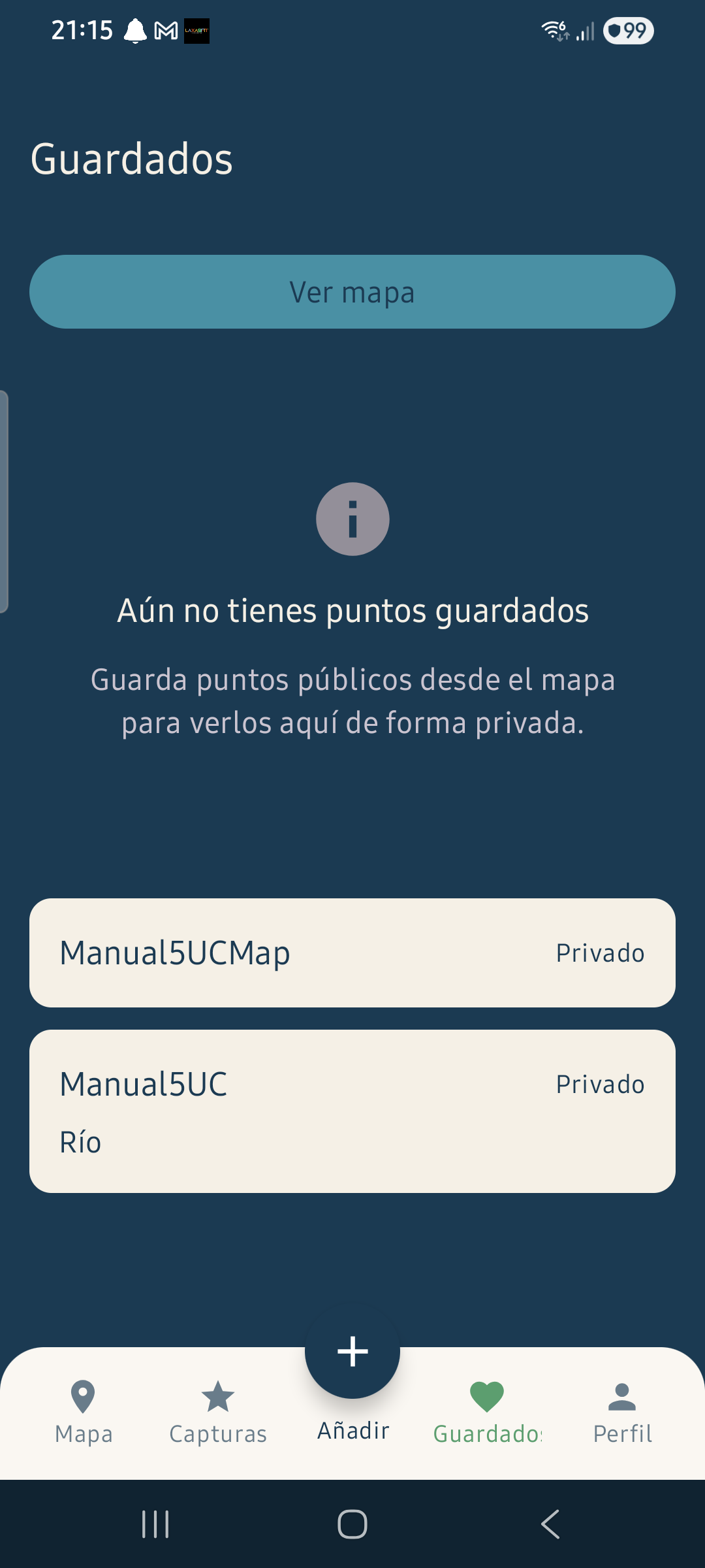 Pantalla del diario de capturas privadas de la aplicación Android.
