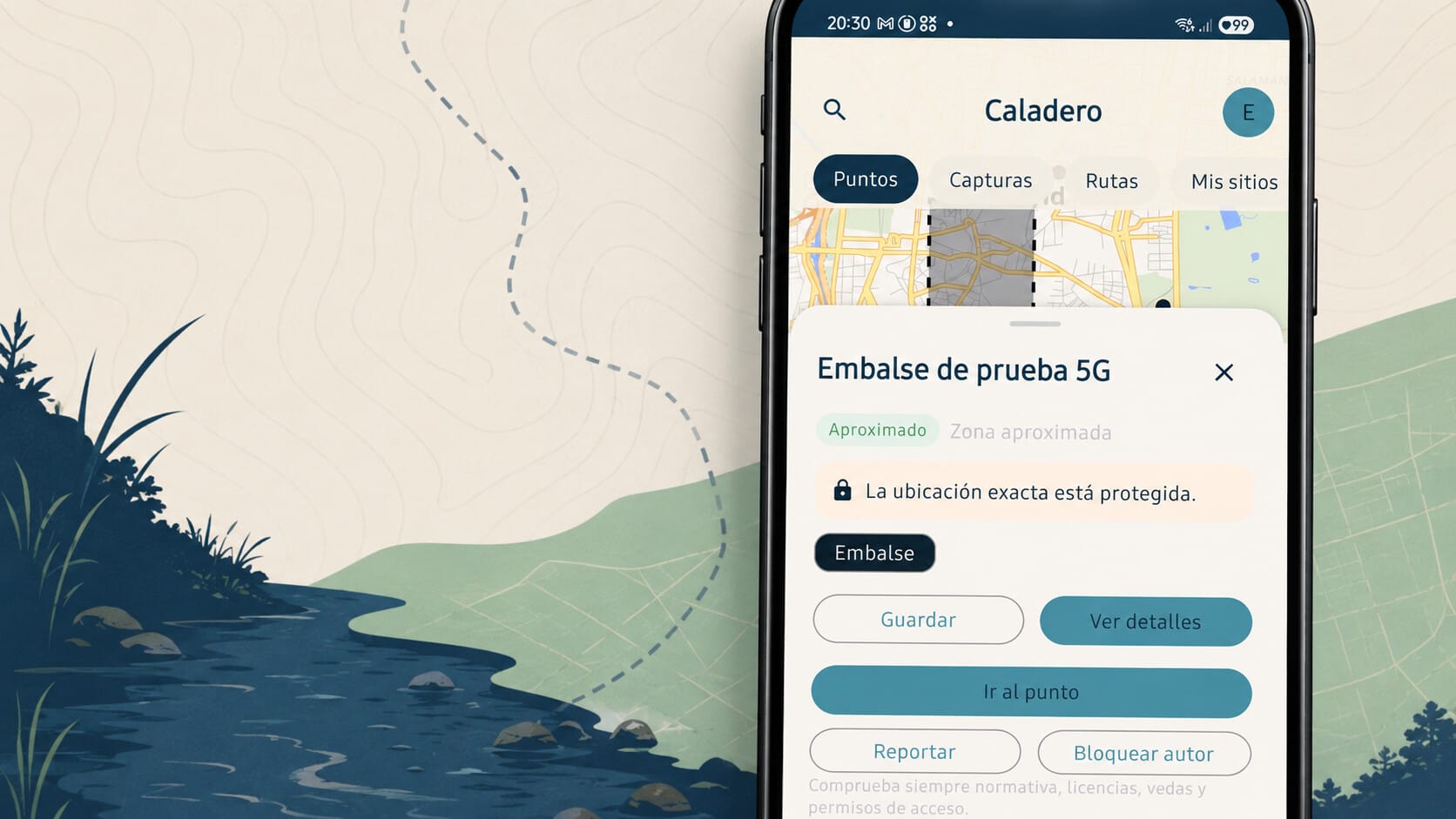 Pantalla de la aplicación de pesca con mapa y aviso de ubicación protegida en un teléfono Android