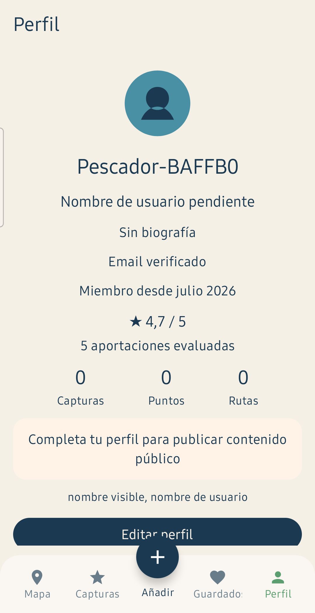 Perfil de prueba de Caladero mostrando 4,7 de 5 estrellas y cinco aportaciones evaluadas