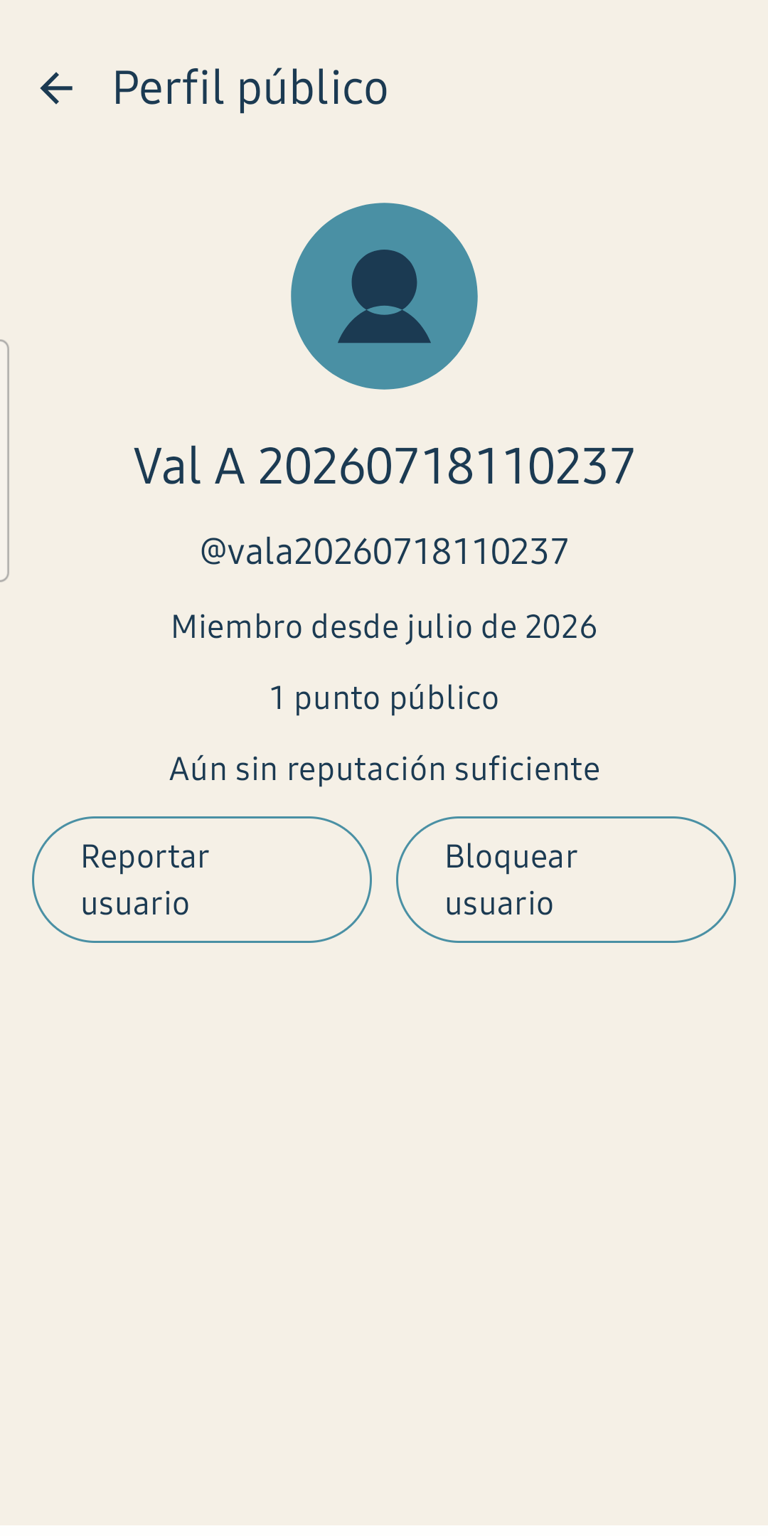 Perfil público de prueba en Caladero con datos limitados